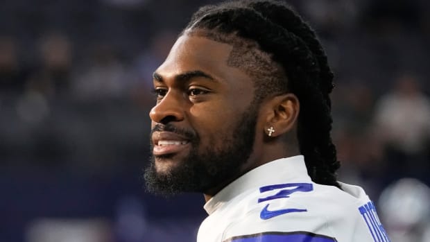 FILE - Dallas Cowboys cornerback Trevon Diggs stands on the field before a preseason NFL football game against the Las Vegas Raiders in Arlington, Texas, Aug. 26, 2023. n Diggs tore the ACL in his left knee during practice Thursday, Sept. 21, 2023, a major setback for a defense off to a great start in 2023. (AP Photo/Sam Hodde, File)   